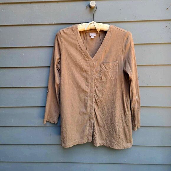 J Jill Camel Brown V Neck Cotton Tee size Medium - Picture 1 of 10